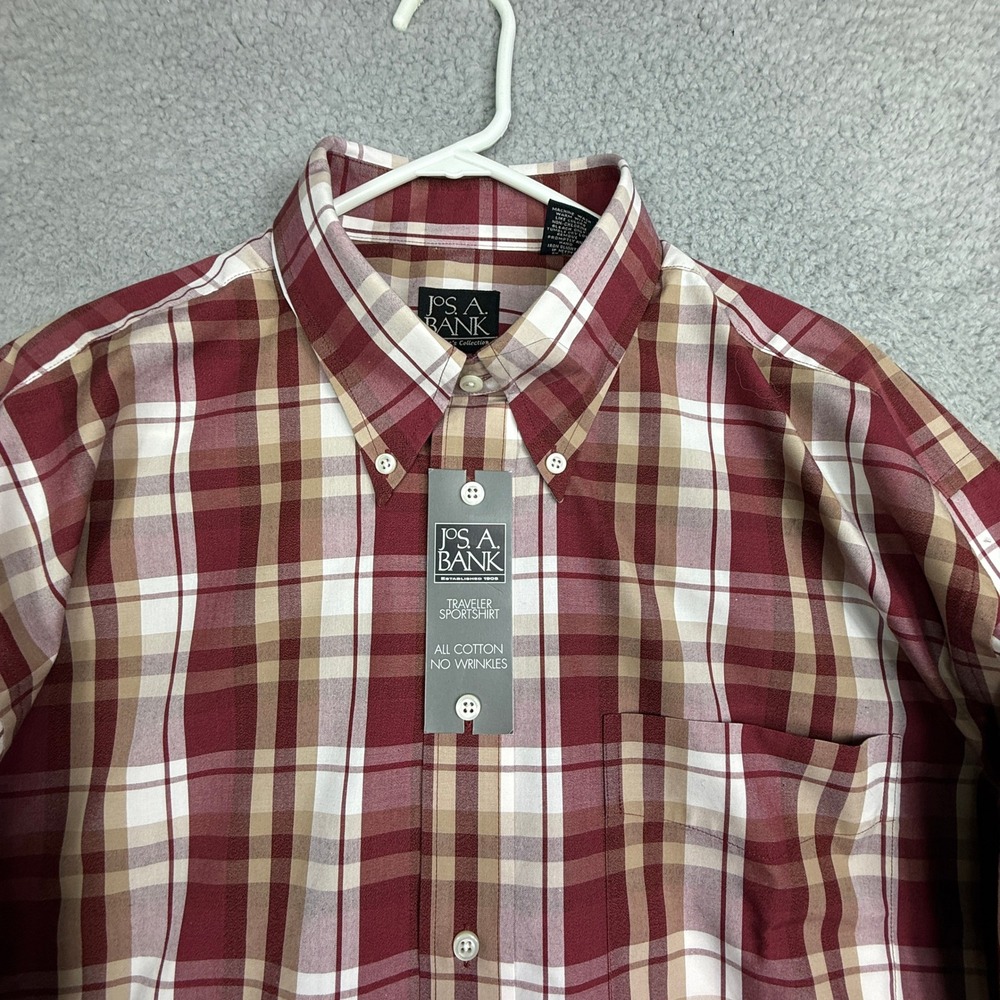 Jos A Bank Traveler Collection‎ Red Tan Plaid Button Down Shirt Men L - Picture 2 of 9